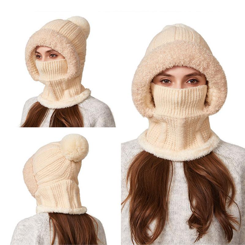 One-Piece Knitted Hat Women's Autumn Winter Thick Hat Scarf Mask One-Piece Wool Hat Cycling Windproof Warm Hat