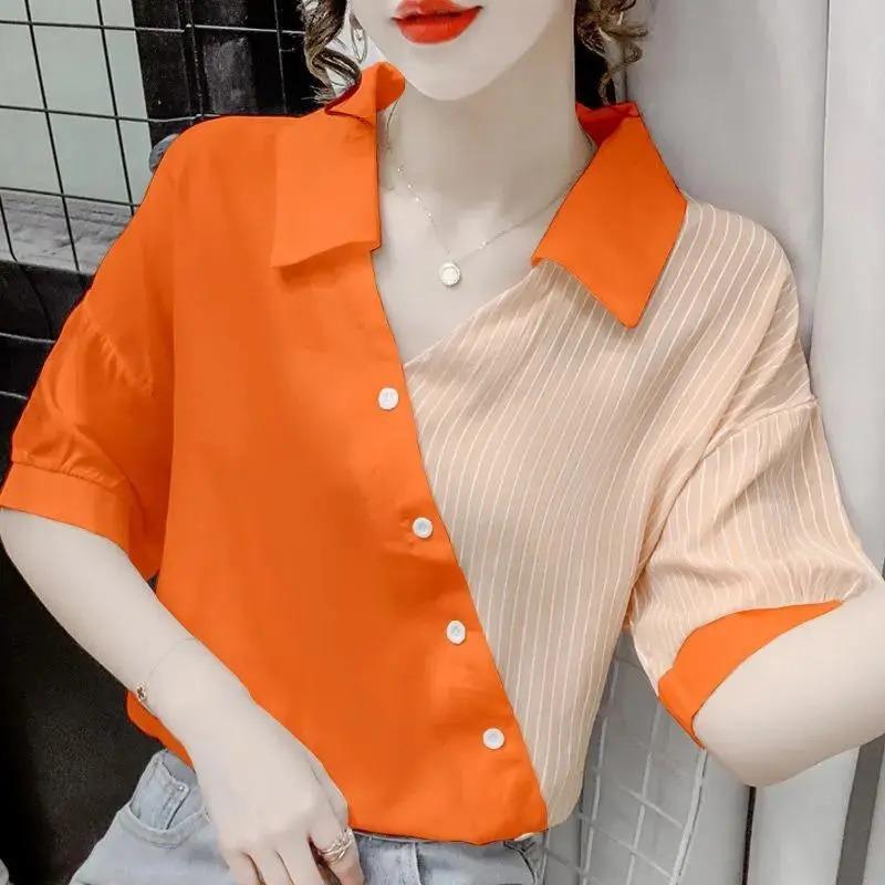Short-sleeved Chiffon Shirt for Women Patchwork Striped Temperament Shirt Summer New Style Contrasting Color Loose Top Trendy for Women