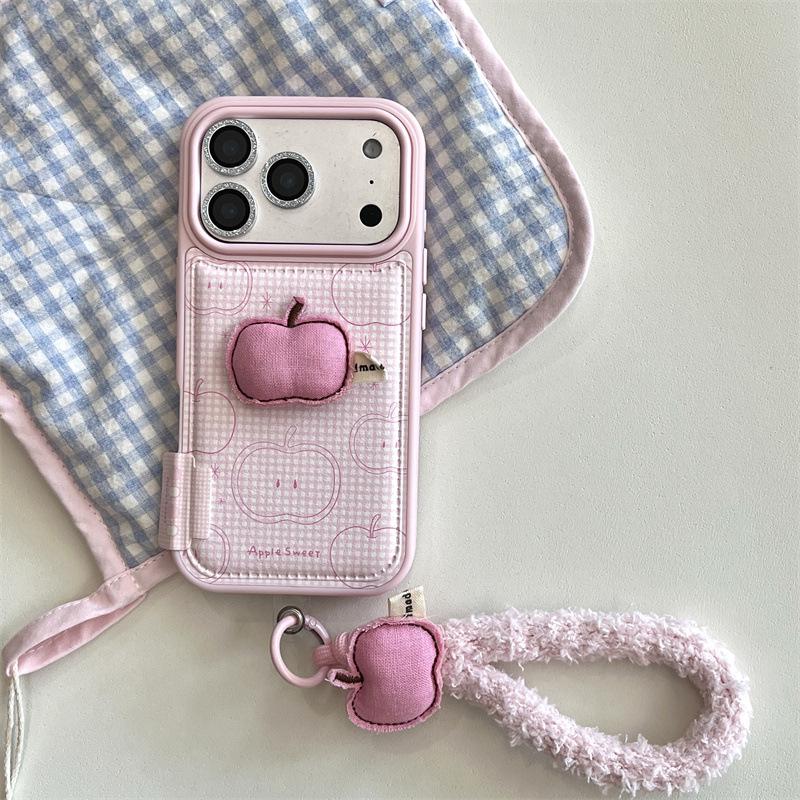 Rosa Karomuster 3D Apfel Handyhülle & Lanyard für iPhone 14, 15, 16 Pro Max, 17