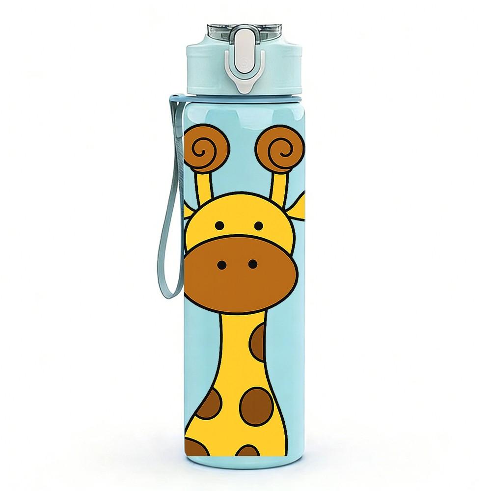 1PC Cartoon Giraffe Animal Pattern 750ml Color Plastic Sports Water Bottle Leakproof Flip Straw Lid Suitable for Sports Office Home Use