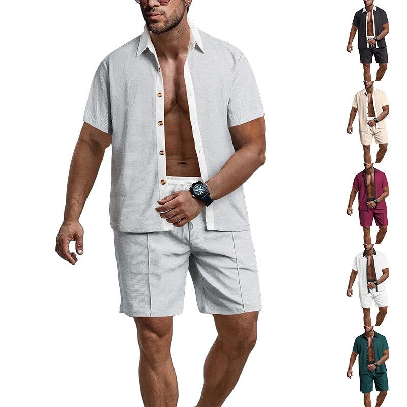 Mens Casual Color Block Breathable Thin Beach Shirt Shorts Set