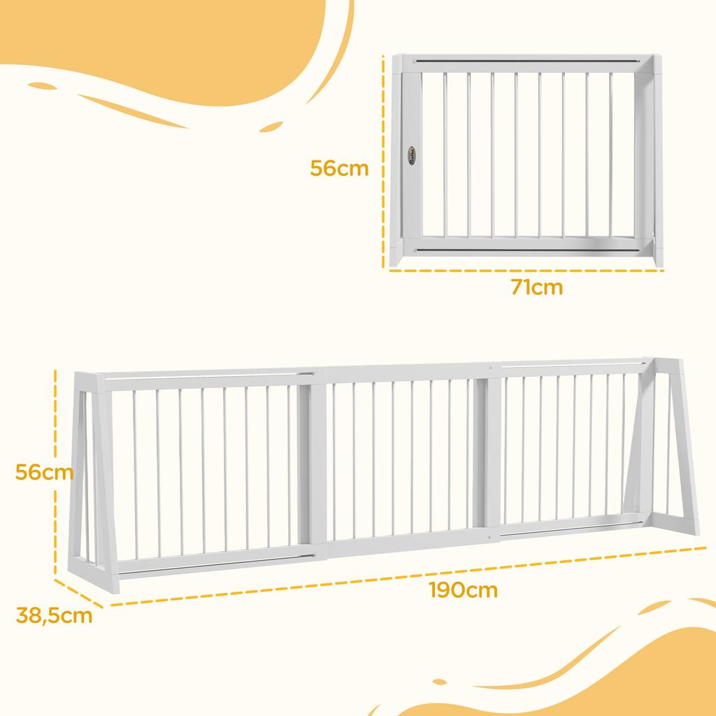 Dog Gate, Non-Slip, Freestanding, Extendable, Wood Frame, 71-190x38.5x56cm, White