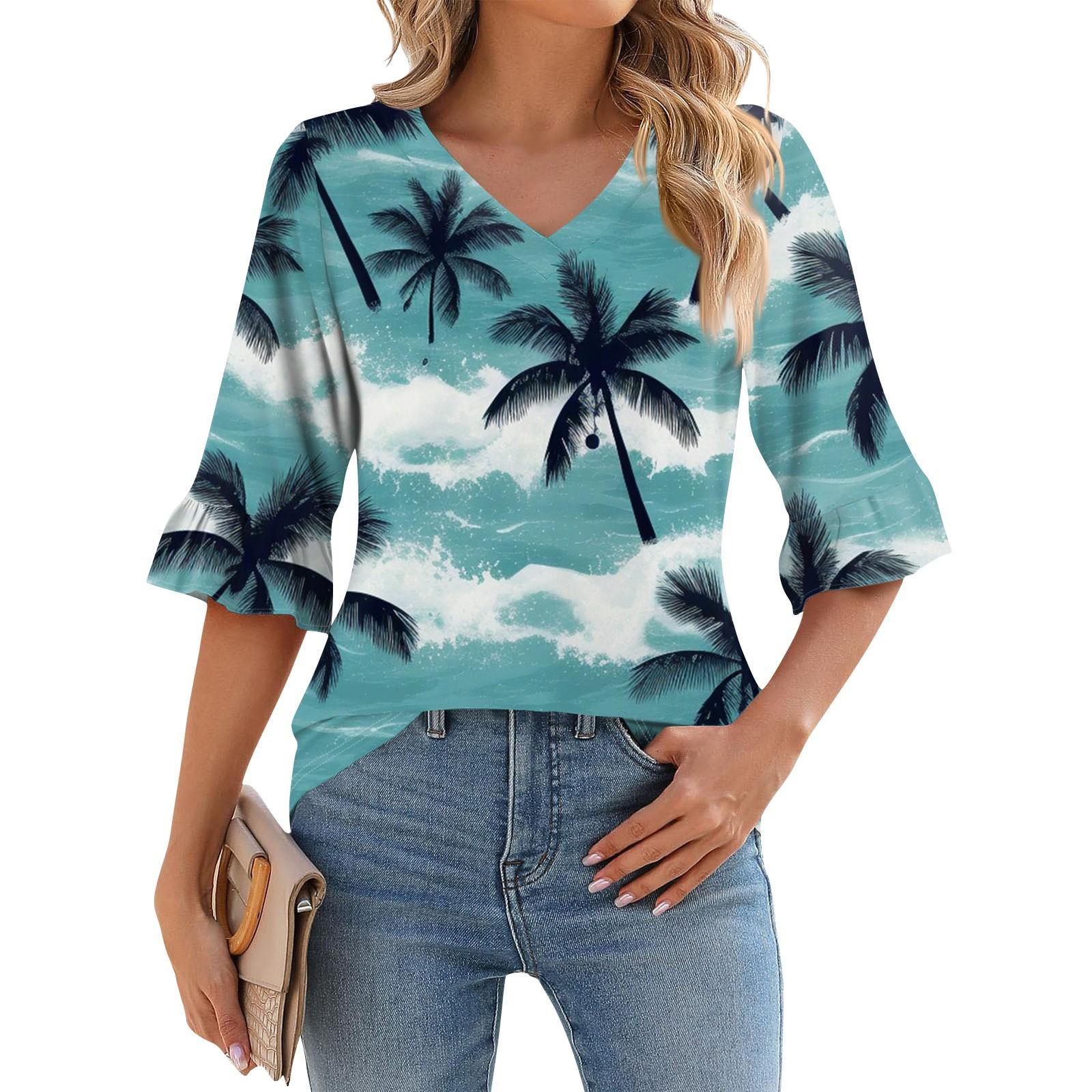 

Жіночий повсякденний топ з рукавом 3/4 Літня футболка з V-подібним вирізом та пишним рукавом Топ з гавайським принтом M