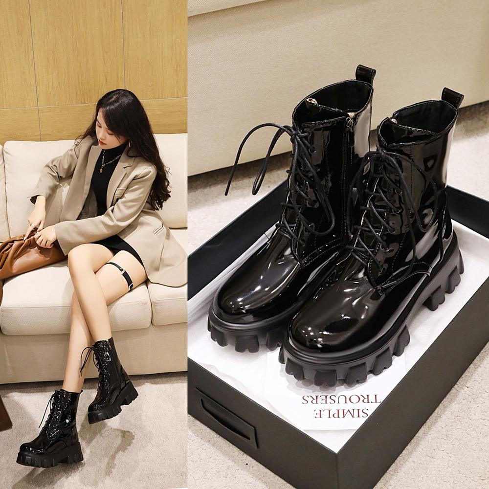 Women Boots Patent Leather Platform Shoes Ankle High Heel Boots Women Autumn Winter Warm Platform Boots