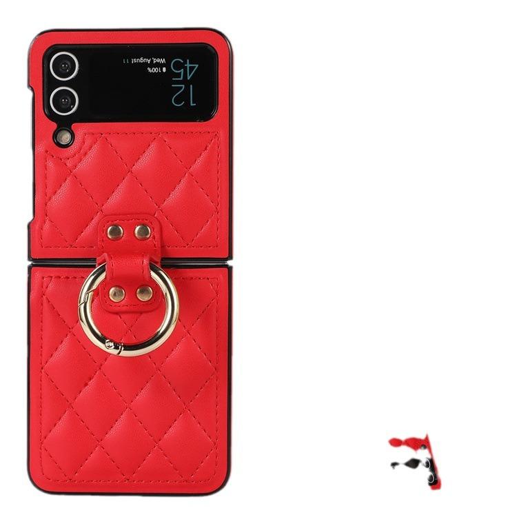 Applicable To Samsung Z Flip5 Folding Ring Buckle Mobile Phone Case, Japanese and Korean Diamond Leather Case, Zflip4 Back Cover Protective Case.
