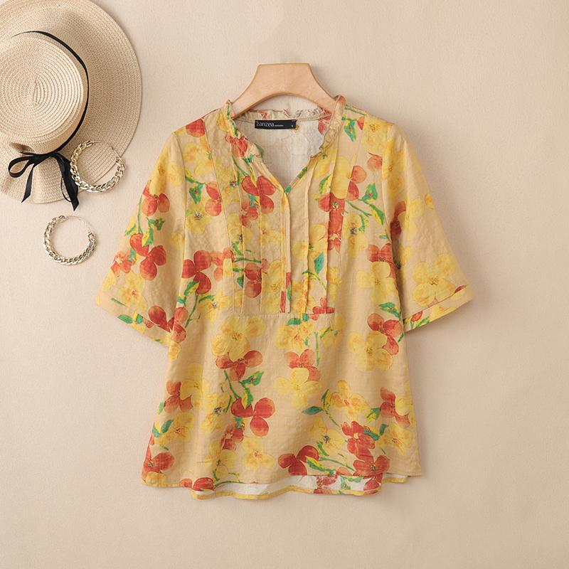 ZANZEA Damen Lässige V-Ausschnitt Blumenmuster Locker Halbarm Bluse 5XL khaki