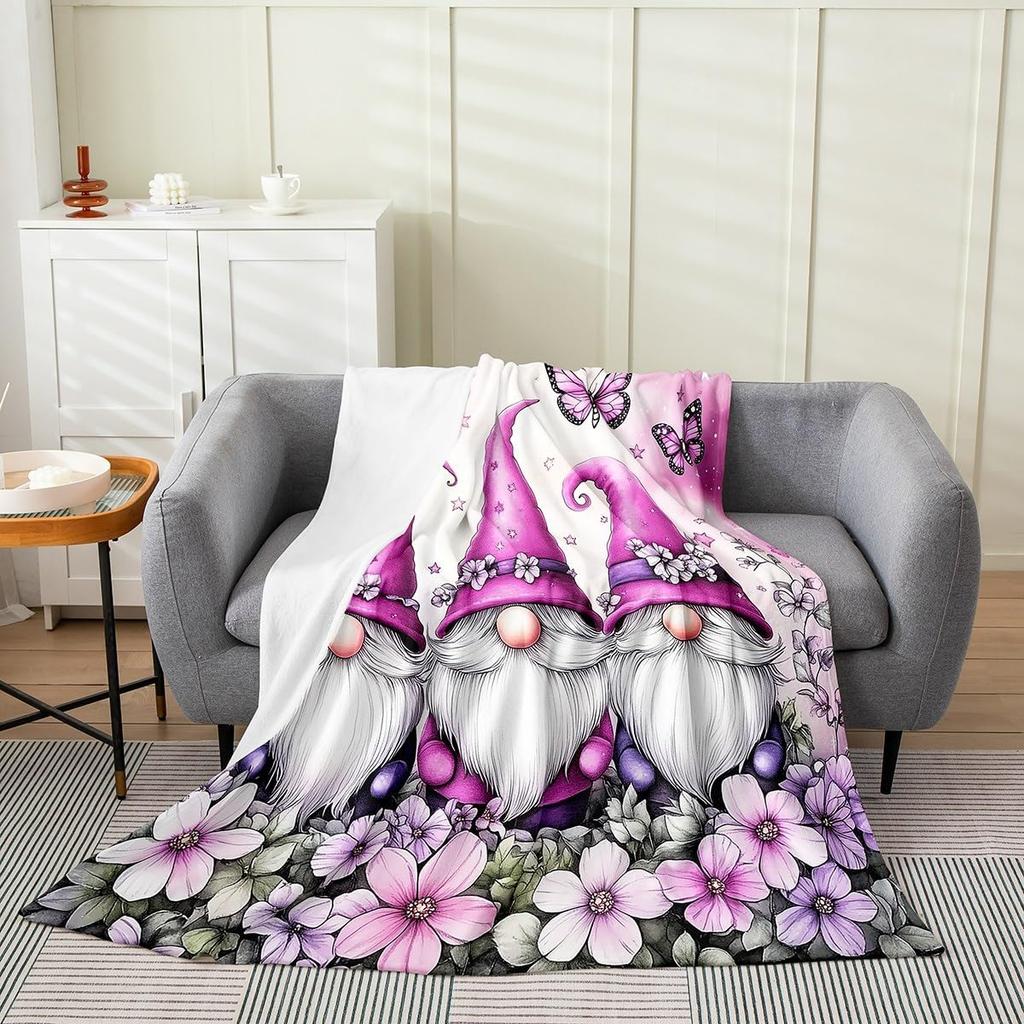 Cartoon Gnomes Fleece Blanket,Dwarf Throw Blanket Twin Sofa Bed Couch Decor,Colorful Stars Bed Blanket Lightweight,Watercolor