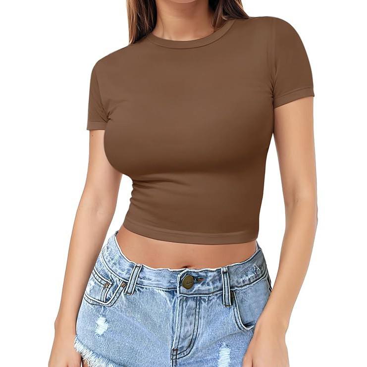 European & American Style Crop Top: Women's Summer Fashion Milk Silk T-Shirt, Short Sleeve, Round Neck.