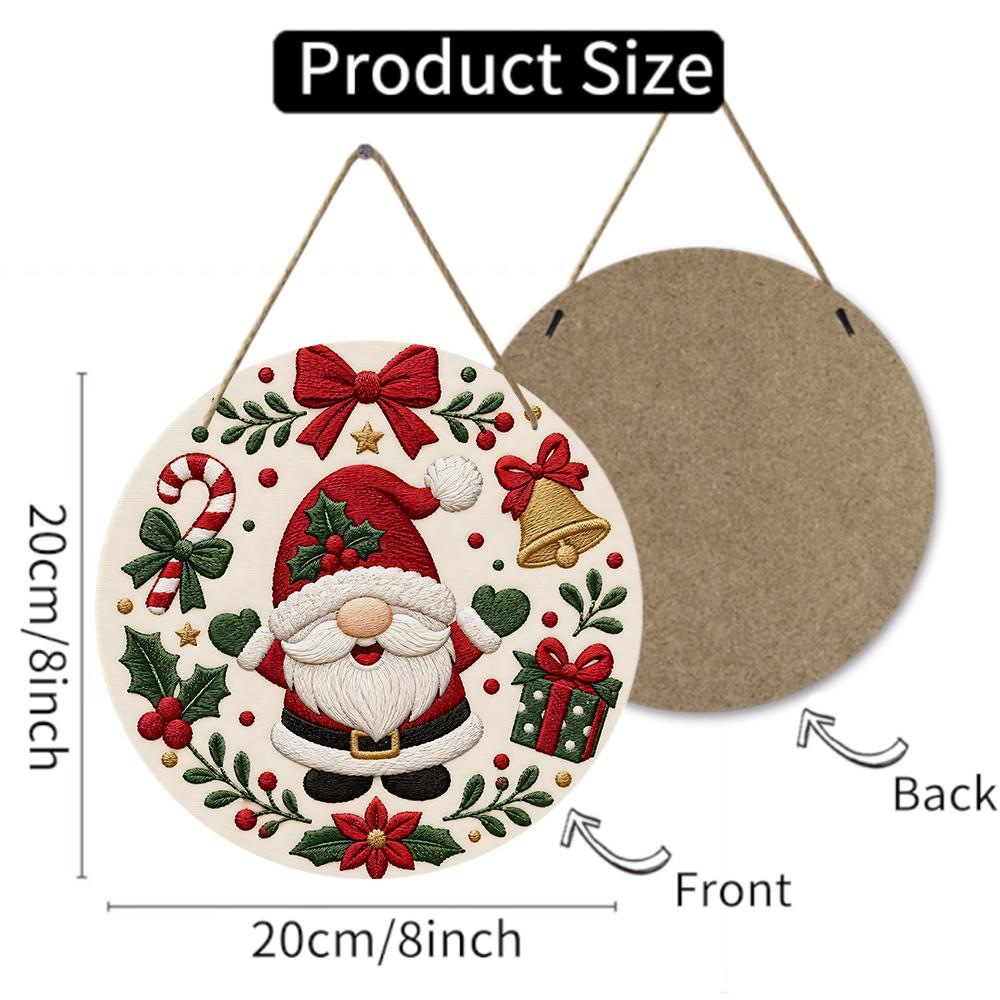 Festive Christmas gnome pattern Round Wooden Hanging Plaque seasonal wall art decor rustic holiday door sign home indoor xmas ornament