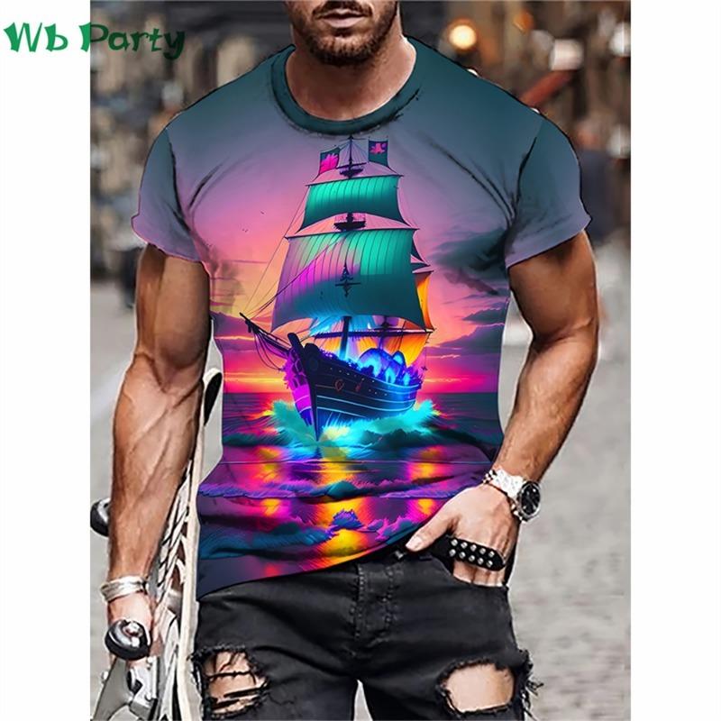 Pattern Print Mens Clothing T Shirt for Men Short Sleeve Tee Gym Clothing Men Male T-shirt Pirate Ship Print Clothes