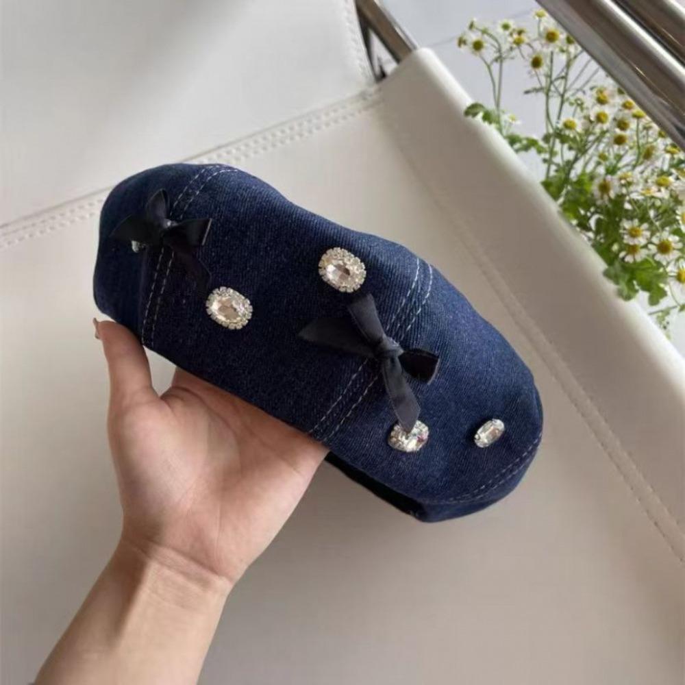 Washed Denim Women Beret Hats Rhinestone Embellished Painter Cap  Spring Autumn Season