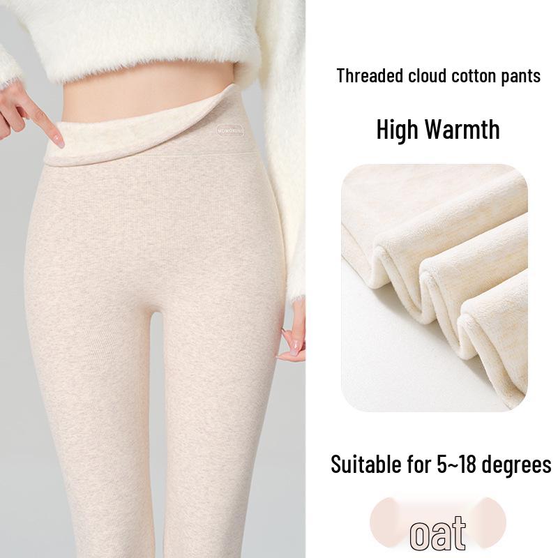 High Waist Warm Fleece-Lined Leggings - Vertical Stripe, Matte, Slimming Cotton for Autumn/Winter