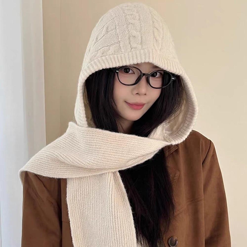 Warm Hooded Scarf Hat Soft Knit One-Piece Hooded Hat Retro Beanie Scarf Cap Women