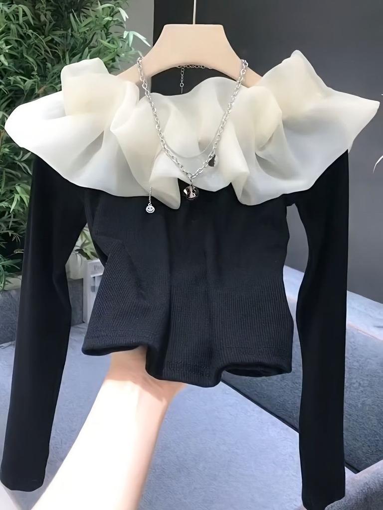 Tshirt Elegant Off Shoulder Mesh Splicing With Embroidery For Women Spring 2025