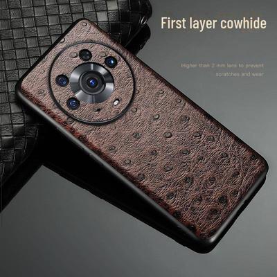 Luxury Genuine Leather Protective Case for Honor Magic5 Series - Ultimate Cowhide Ostrich Design, All-Inclusive Cover