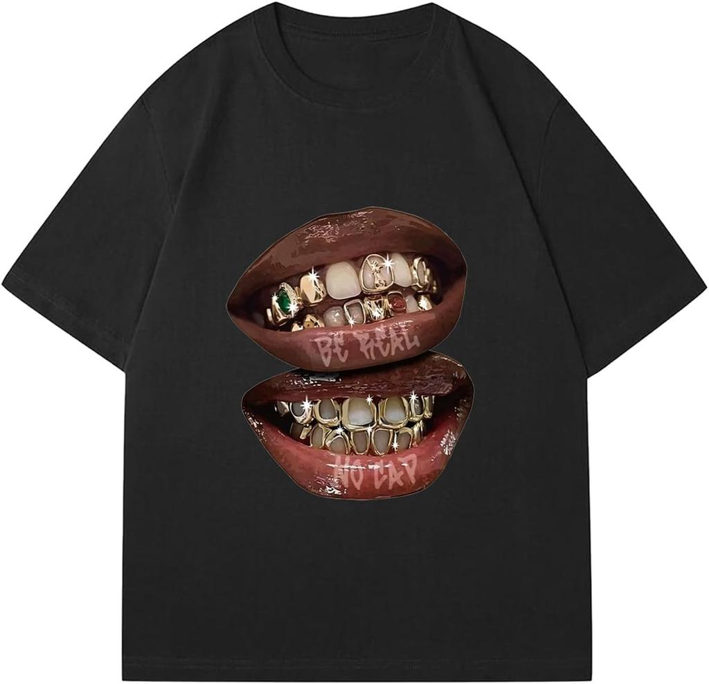 Chic Lips Zlaté zuby Vintage tričko Rock Goth Ležérní tričko Oblečení Pánské Oversized Bavlněné tričko Harajuku Y2k Topy Streetwear