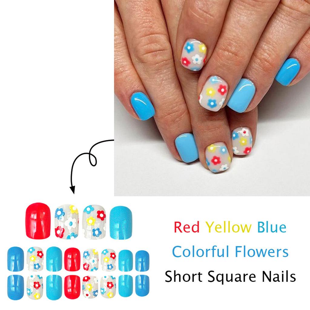 24 Pcs Flowers Stick On Nail Solid Color Artificial Nail Short Square False Nail Glossy Press On Nail for Woman Girls
