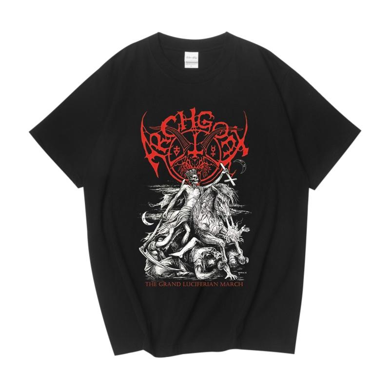 T-shirt a maniche corte in cotone larga, stile rock dark, correlata a band finlandese di death black metal, capra dell'arcata