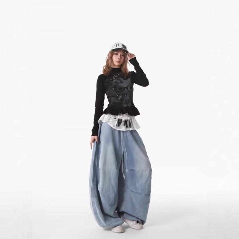 Womens High-Waisted Wide Leg Jogger Pants Loose Fit Street Style Cotton Blend Casual Trousers