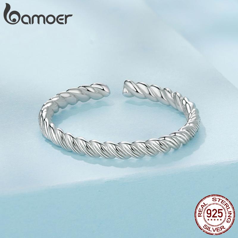 Bamoer 925 Sterling Silver Twisted Braided Open Ring Trendy Stackable Cross Ring for Women Teens Minimalist Daily Gift 2.2mm