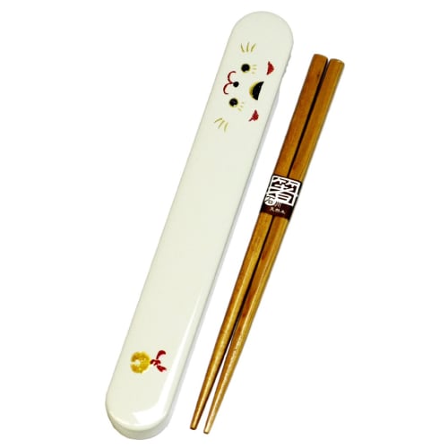 Tatsumiya Cat Chopstick Case and Chopstick Set, Maneki Neko (Lucky Cat) White