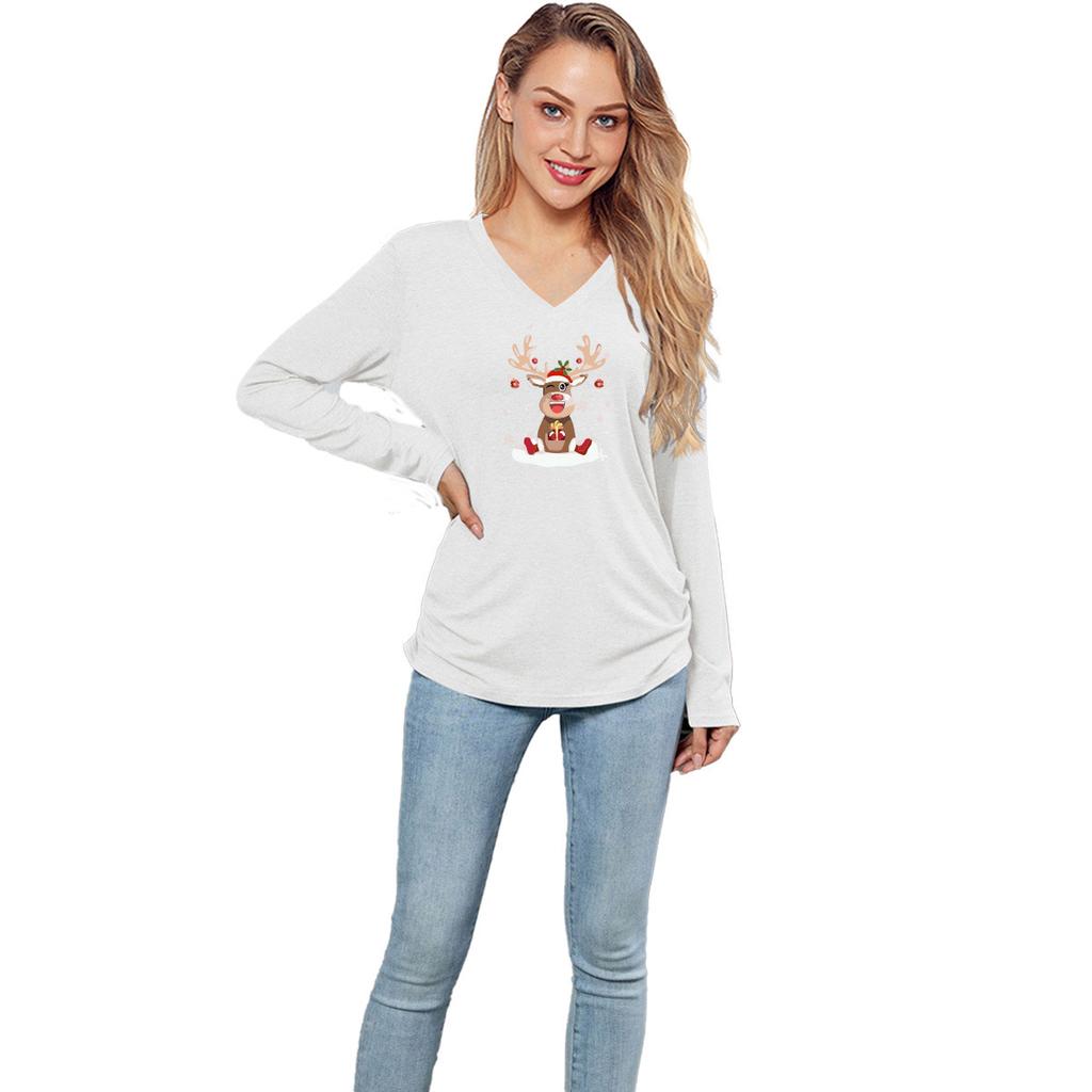 GMXIA New Solid-color Christmas Print Top for Women Is A Loose and Casual Long-sleeved T-shirt