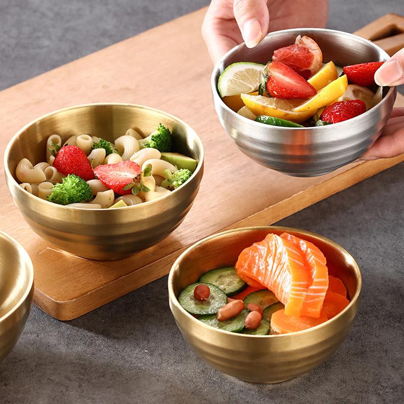 304 Stainless Steel Threaded Rice Bowl Dough Round Soup Double Layer Insulated Ramen Bowls Home Tableware Kitchen Accessories
