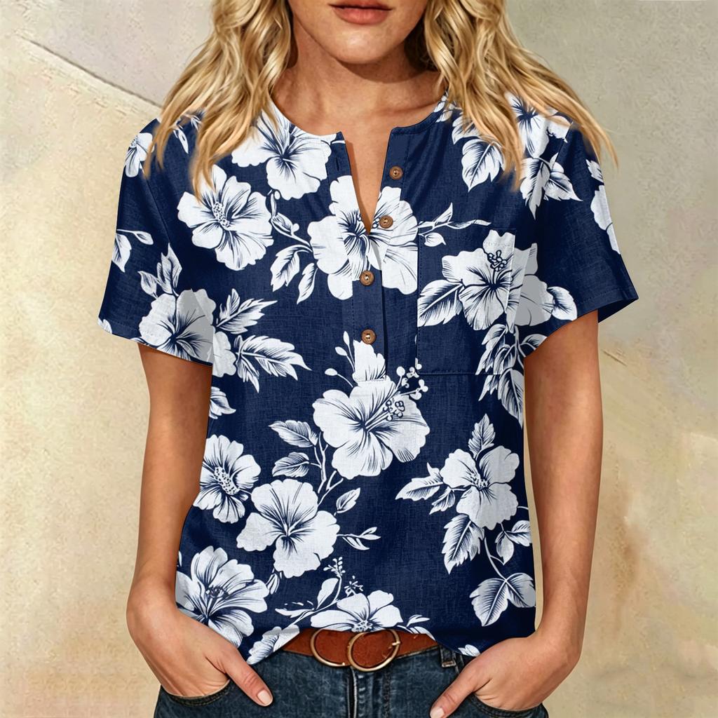 Women's Floral Print Short Sleeve Shirt Henley Button Neck Chest Pocket Casual Linen Cotton Blended Top for Summer