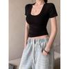 Spice Girl Low Neck Short Navel Shirt Women's Short Sleeve Backless Slim Skinny Pure Desire Fashion Skinny Clavicle Top Women