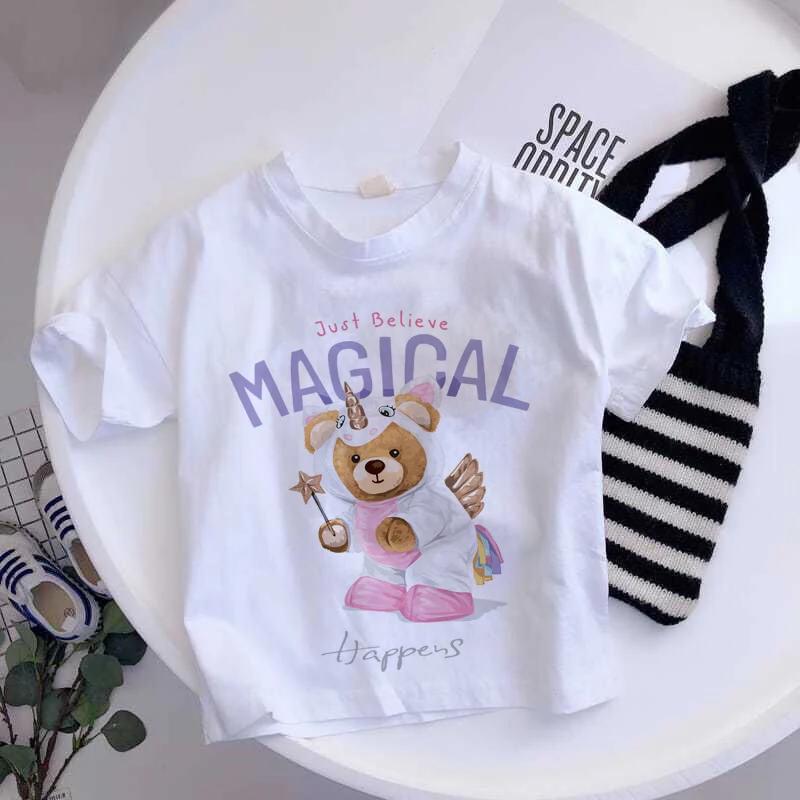 Girls Fashionable Pure Cotton TShirt with Teddy Bear Cartoon Pattern Summer Clothing Fun Childrens Wear Y2K Style