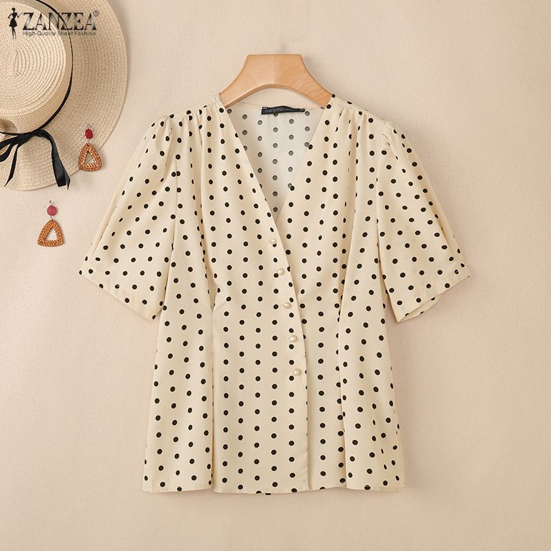 ZANZEA Women Casual V-Neck Short Sleeve Polka Dot Print Blouse