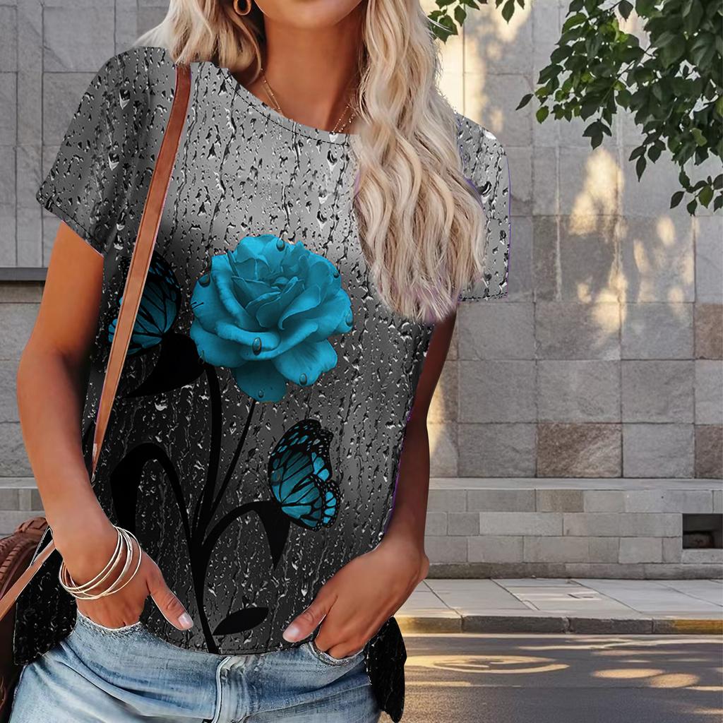 Damski Letni T-shirt z Nadrukiem Róży Retro Moda Krótki Rękaw Koszulki Casualowe Drukowane Topy