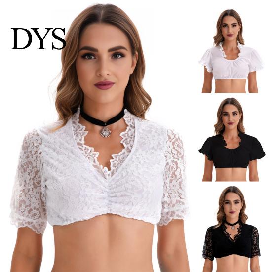 Short Sleeve Blouse Women Traditional German Dirndl Blouse, Lace Cropped Summer Casual Tee Shirt, Bavarian Oktoberfest Folk Costume Crop Top