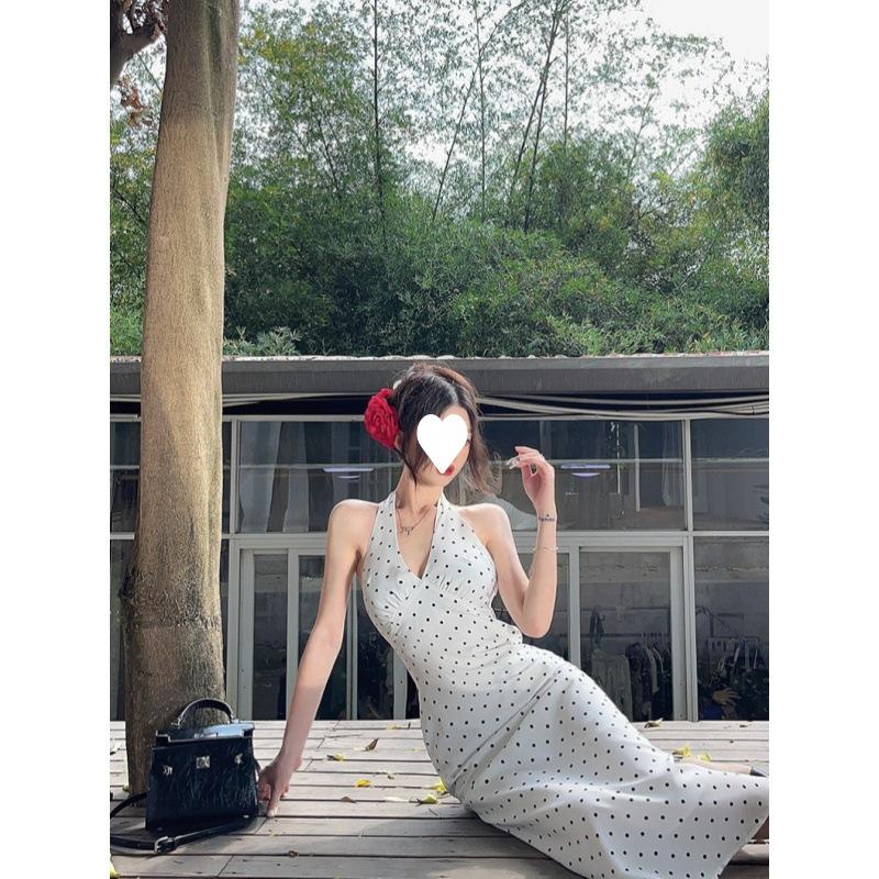White polka dot v-neck neck dress women's summer sexy backless temperament medium and long skirt
