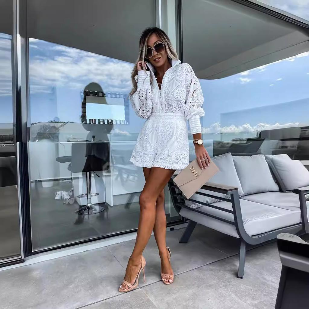 Summer Solid Color Casual  2Pcs/Set Women Outfit Blouse Long Sleeve Single Breasted High Waist Embroidery Hollow Lace Shirt Wide Leg Women Shorts Set