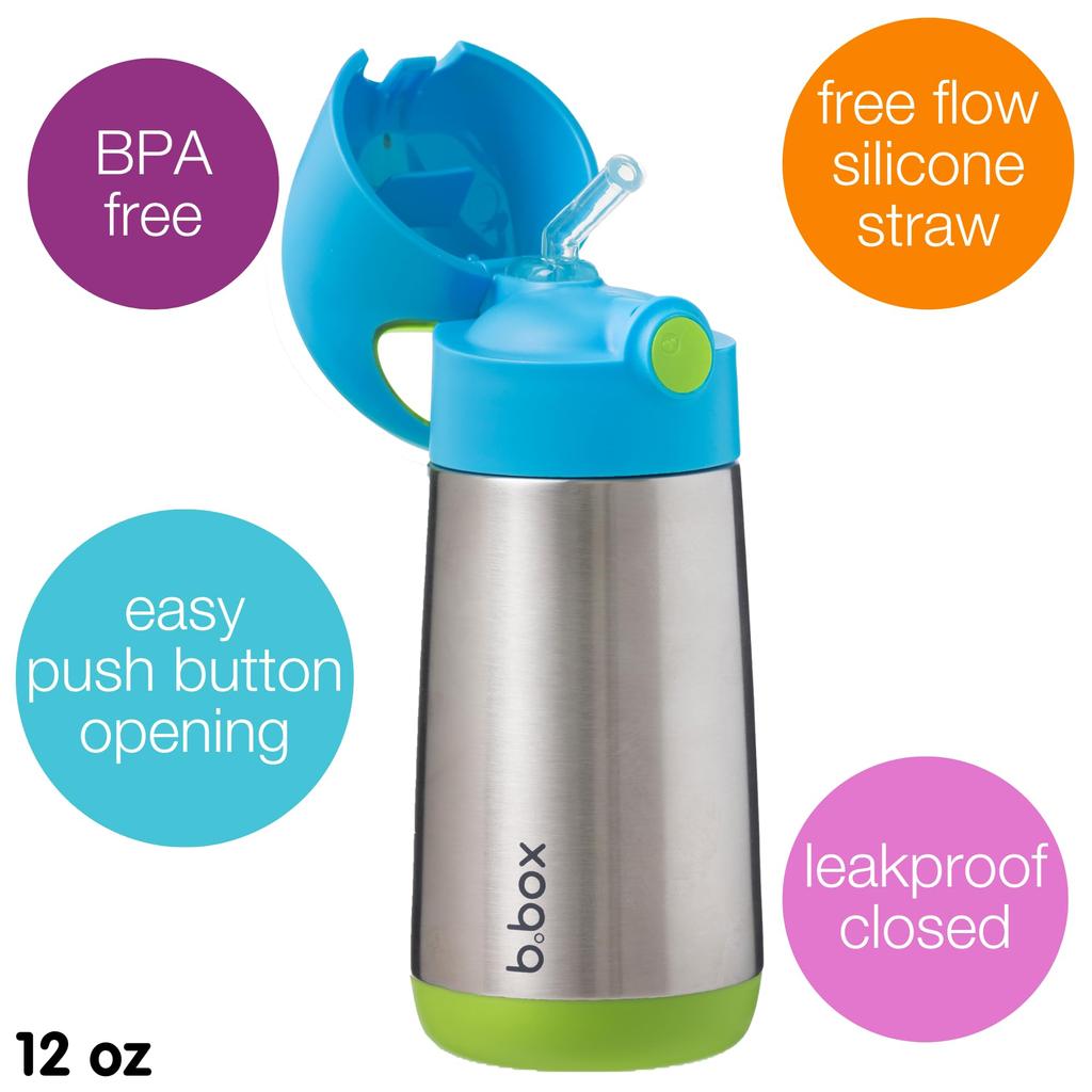 Insulated Water Bottle with Keeps Drinks Hot or Dishwasher Safe Steel Ocean Breeze b.box Children's Straw, 350ml, Cold, One-Push Operation, Top-Rack