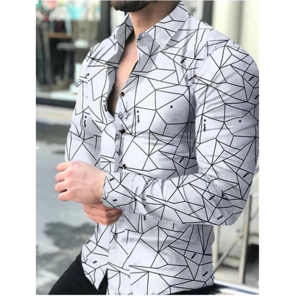 Stylish Geometric Pattern Long Sleeve Shirt, Casual Men's Wear