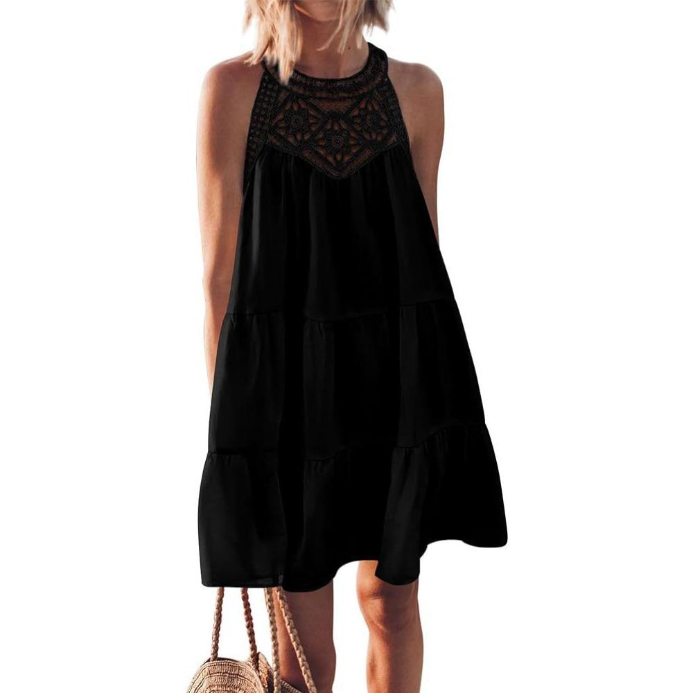 Damen Halter Neck Ärmellos Häkeldetail Lockerer Schnitt Sommer Swing Kleid