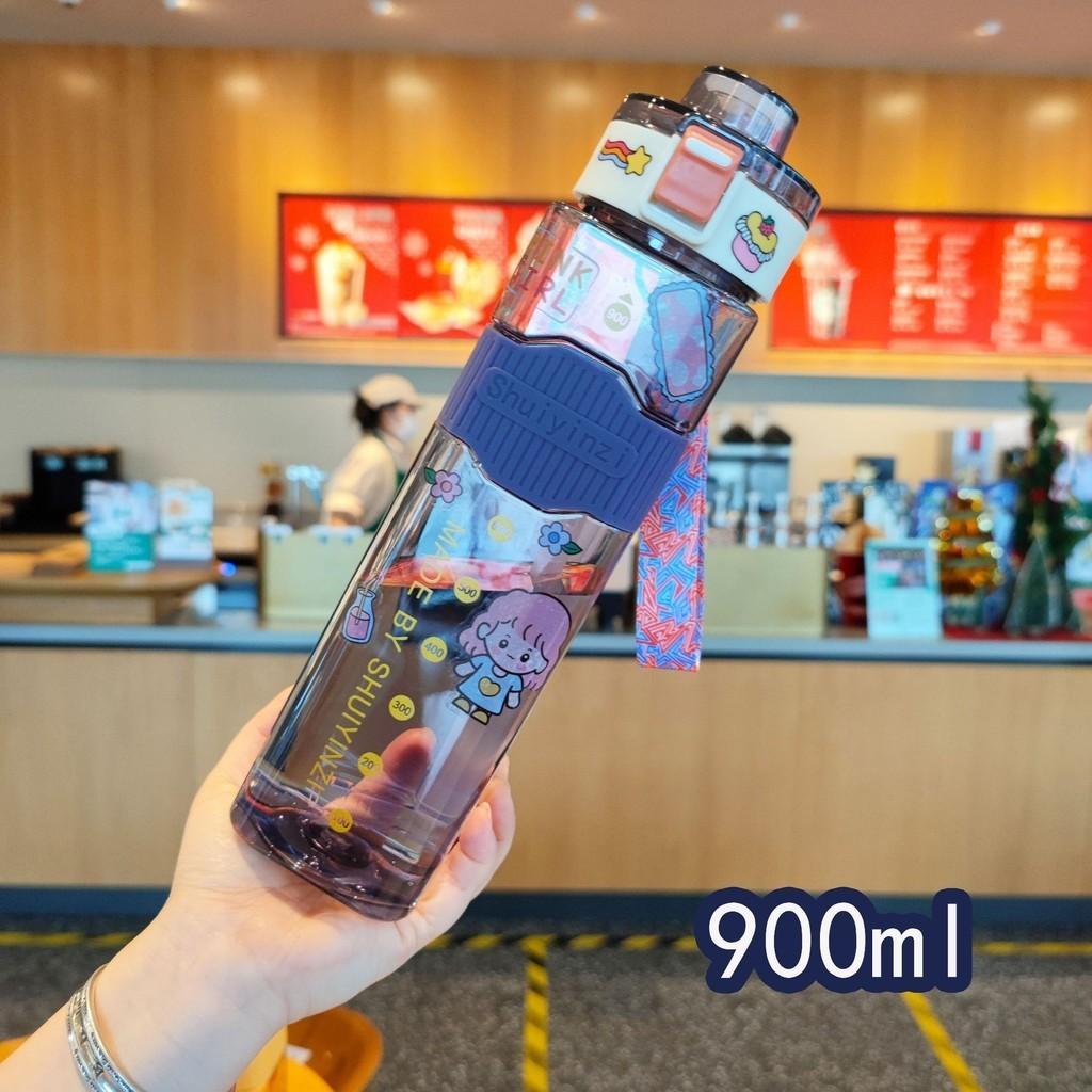 

900ml Plastic Portable Water Bottle Cartoon Sealing Straw Drinking Lightweight синий