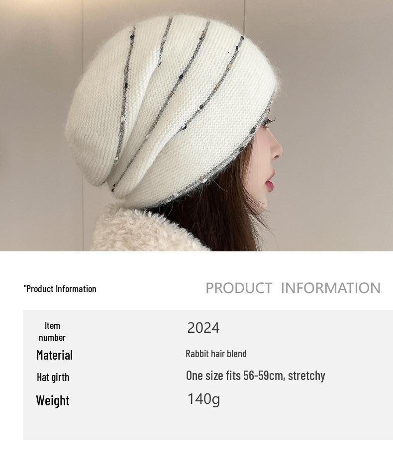 Women's Rabbit Fur Slouchy Hat with Ear Protection - Knitted Jumper Yarn, Plus Velvet, Autumn/Winter Style for Outdoor Warmth