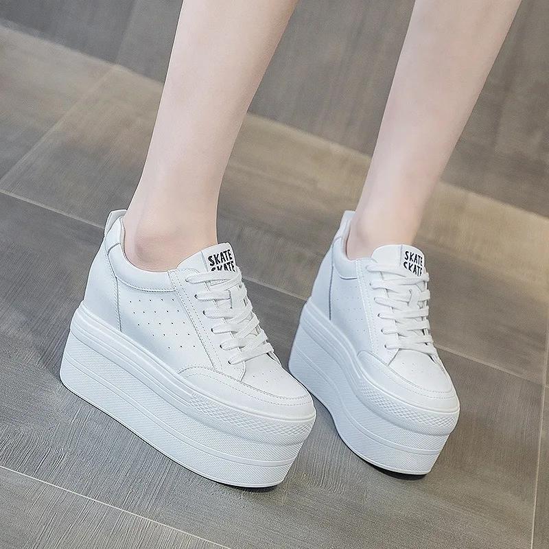 Fashion 11cm Natural Genuine Leather Platform Wedge Casual Chunky Sneakers Women Lace Up Ankle Boots Spring Autumn Moccasins Shoes