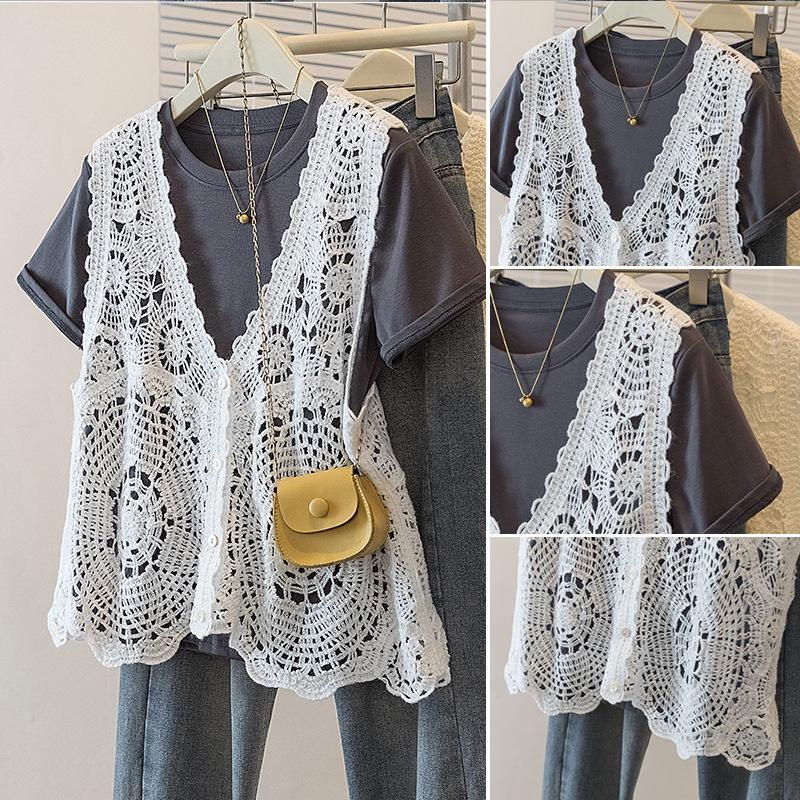 Elegant Plus Size Women's Floral Crochet T-Shirt and Vest Set - Korean Design