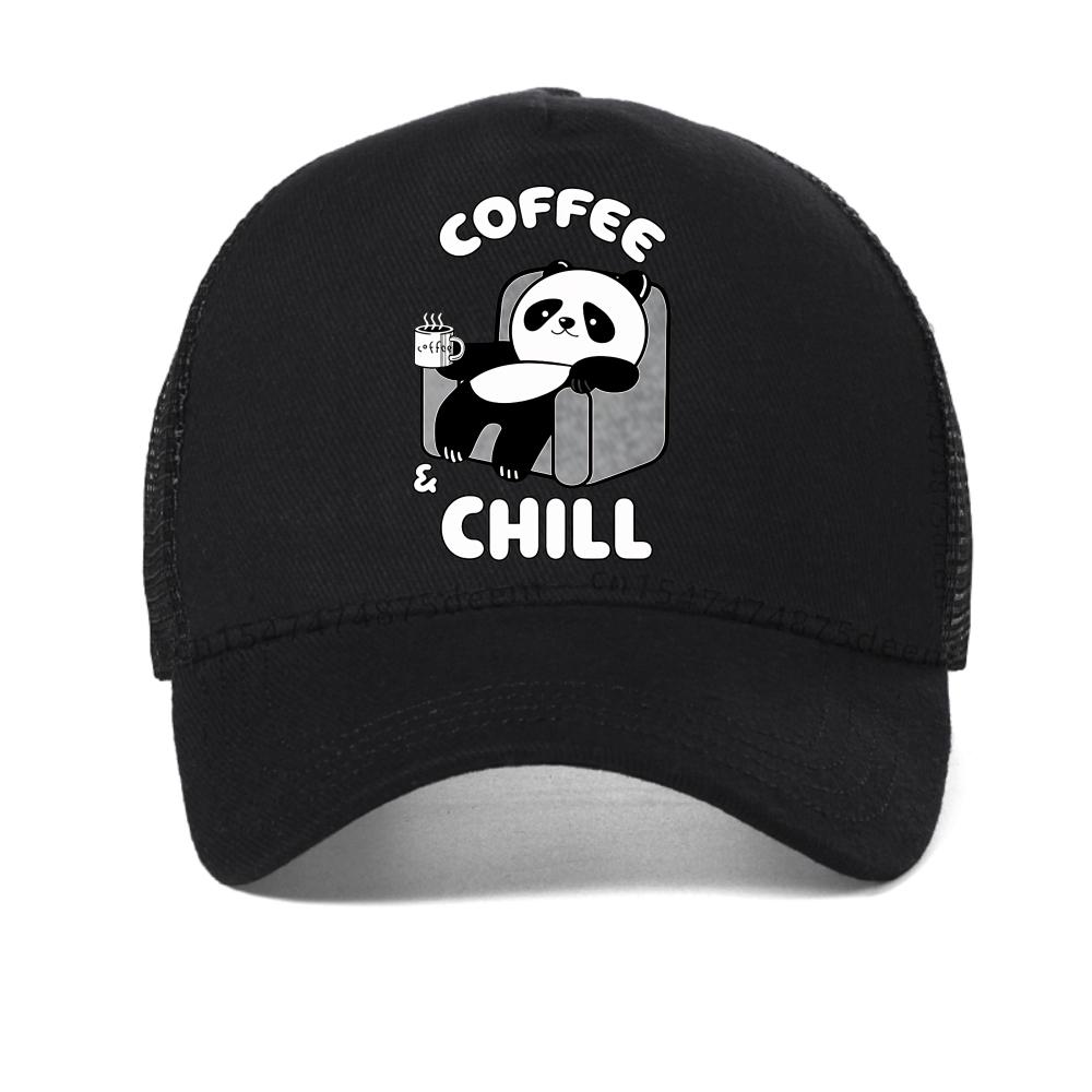 Coffee Chill Panda Enjoying Time Baseball Cap Men Women Summer Casual Snapback Hat Breathable Mesh Trucker Hats Outdoor Sun Hat