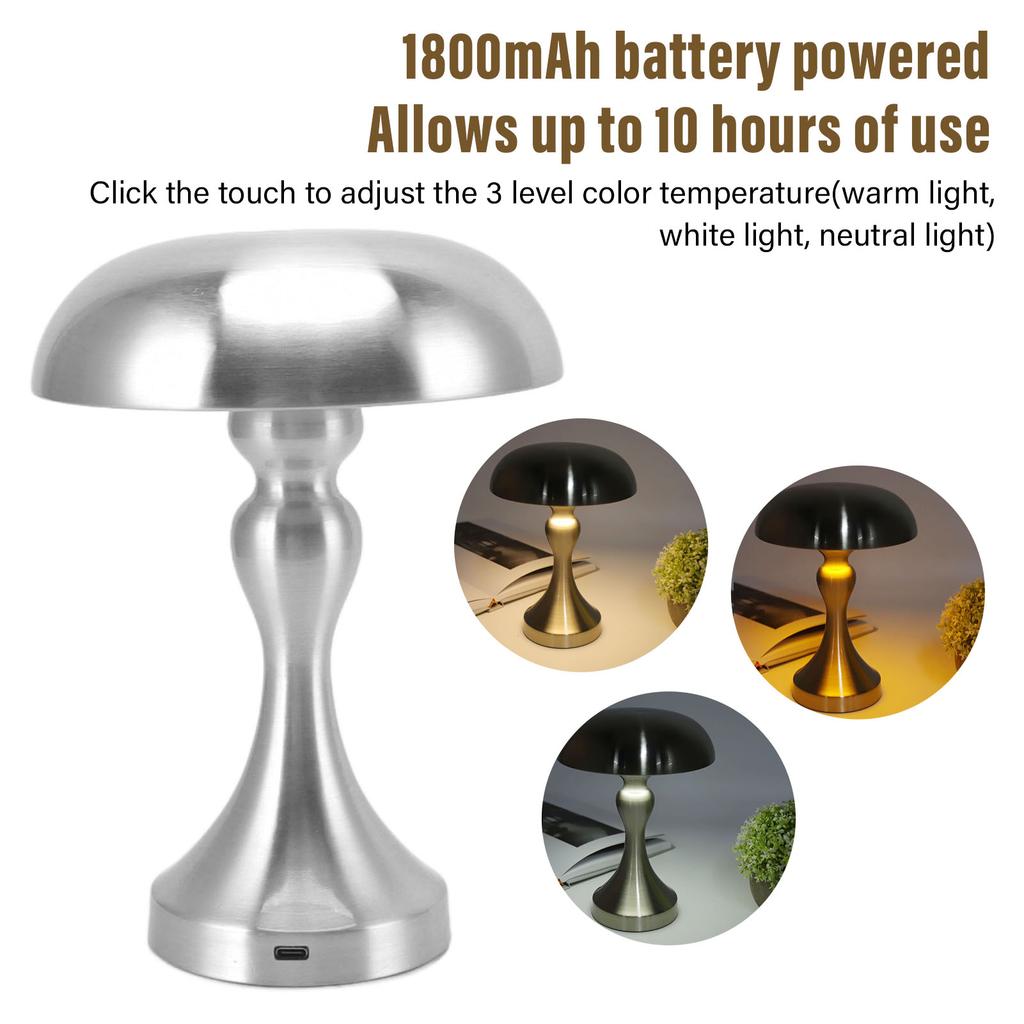 Table Lamp Rechargeable Mushroom Shape 3 Speed Color Temperature Touch Stepless Dimming Night Light for Home