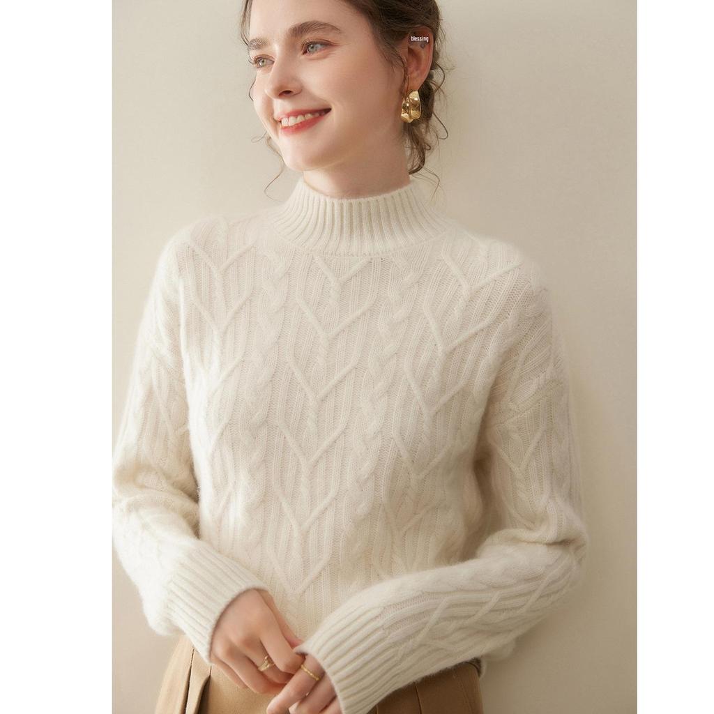 Women's Thickened Half-High Neck Cable Knit Cashmere Sweater - Soft, Versatile Autumn/Winter Pullover