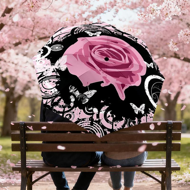 1PC Rose Butterfly Umbrella-8-Rib Reinforced, Automatic Open, Lightweight & Durable, Cute Fashion Accessory for Outdoor-P0701