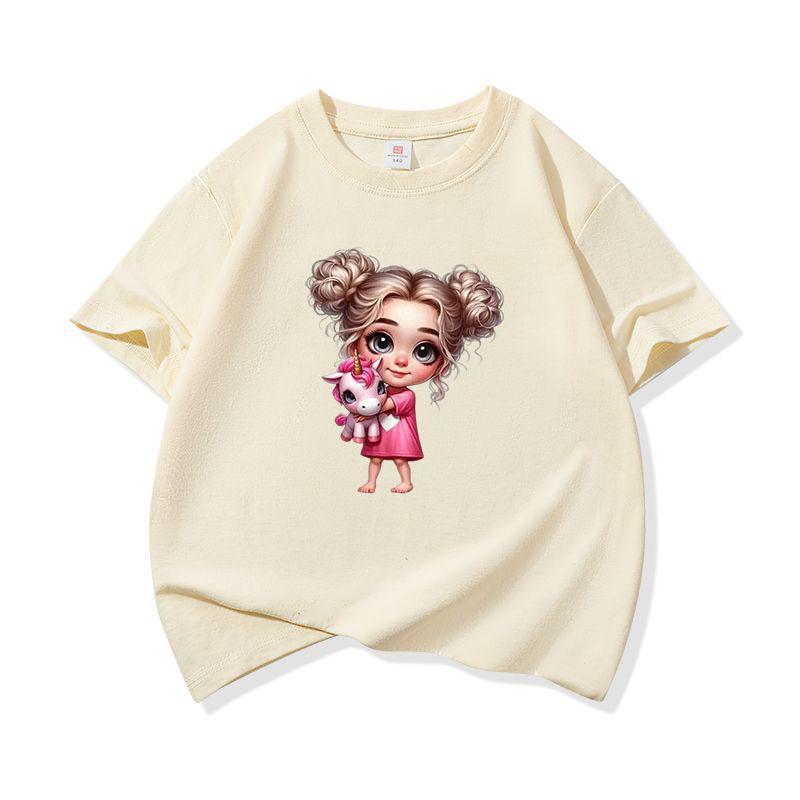 Kids Cotton T Shirt Adorable Girl With Pink Unicorn Print Crew Neck Short Sleeve Tee Casual Boys Girls Summer Tops