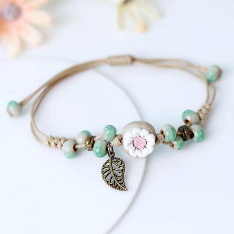 Retro ceramic flower woven bracelet niche literary hand rope small fresh bell bracelet female