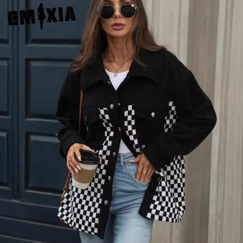 GMXIA Women's Autumn and Winter Lapel Single-breasted Long-sleeved Fleece Check Coat for Women
