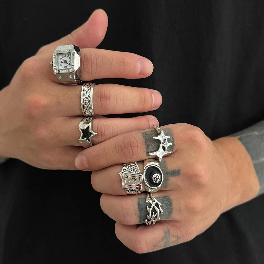 SHIXIN 7Pcs/Set Punk Style Poker Watch Rings for Men Hip Hop Irregular Geometry Stars Knuckle Ring Street Jewelry Accessories